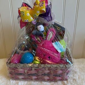 Easter Gift Basket with Pink Plush Bunny & Colorful Eggs